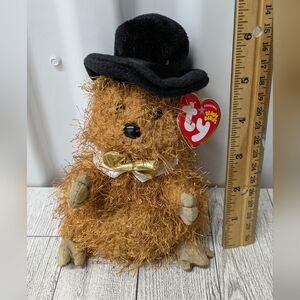 Ty Phil Beanie Babies Fuzzy Hedgehog with Black Hat and Gold Bow